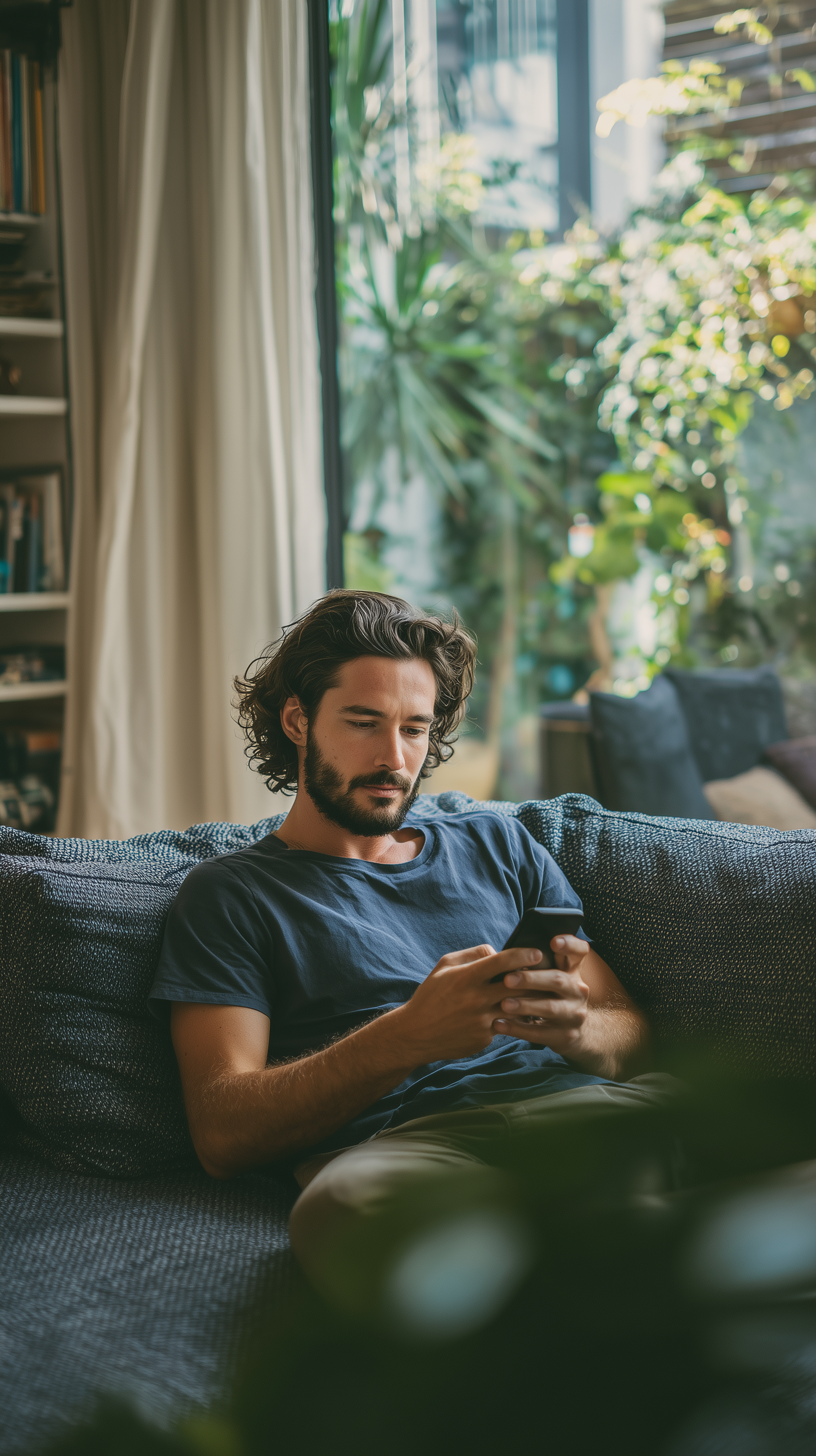 Man relaxed on couch using Merlin